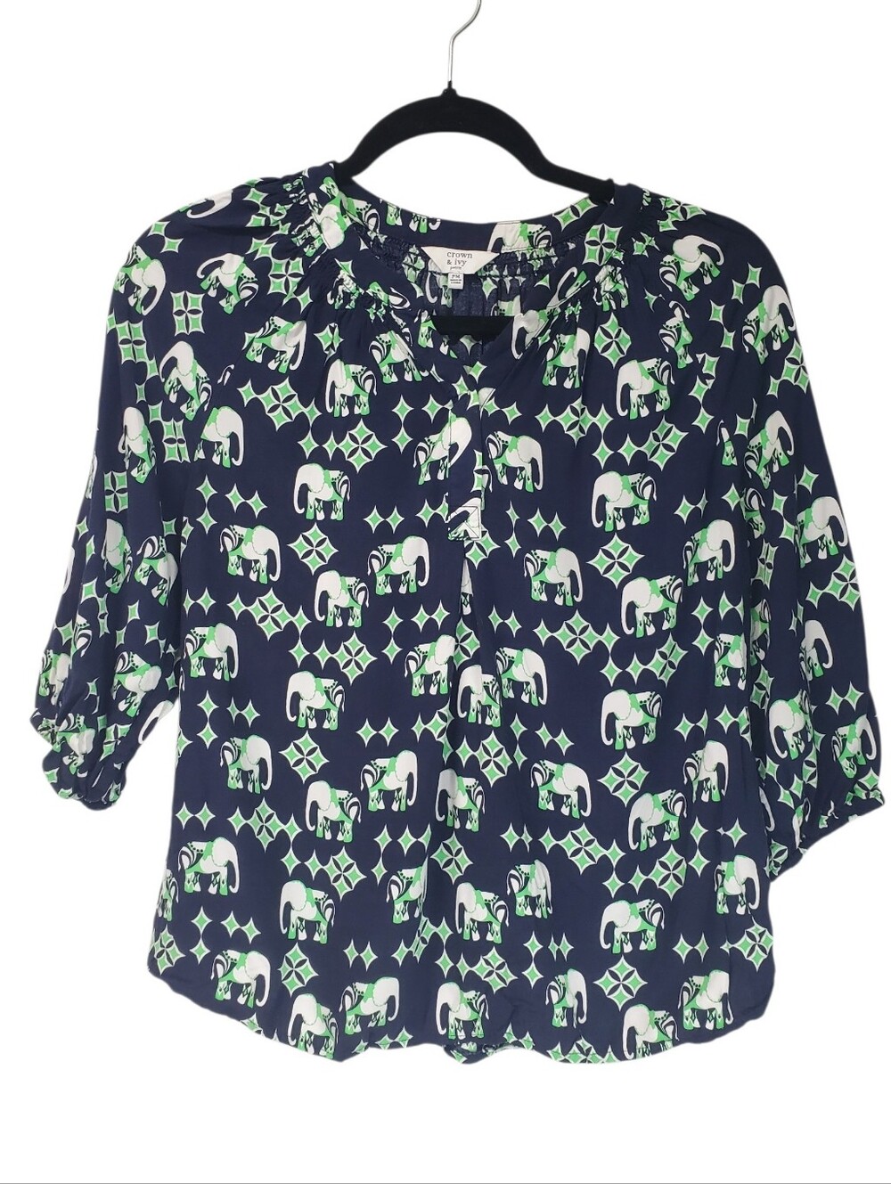 Preppy Office Siren Business Casual Crown And Ivy Blouse Elephant Navy Green PM